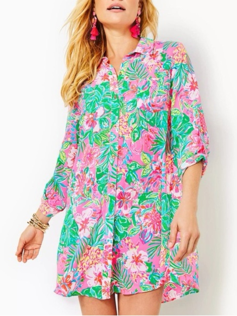 Lilly Pulitzer Natalie Shirtdress Swim Cover-Up Women’s Green/Pink - Large